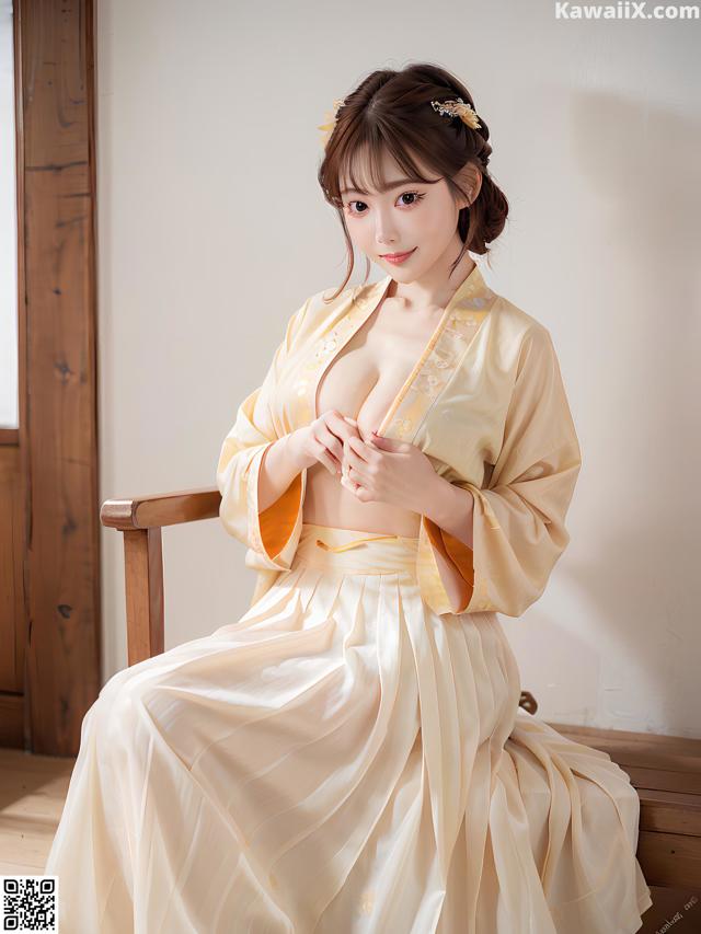 A woman in a yellow kimono sitting on a wooden chair.