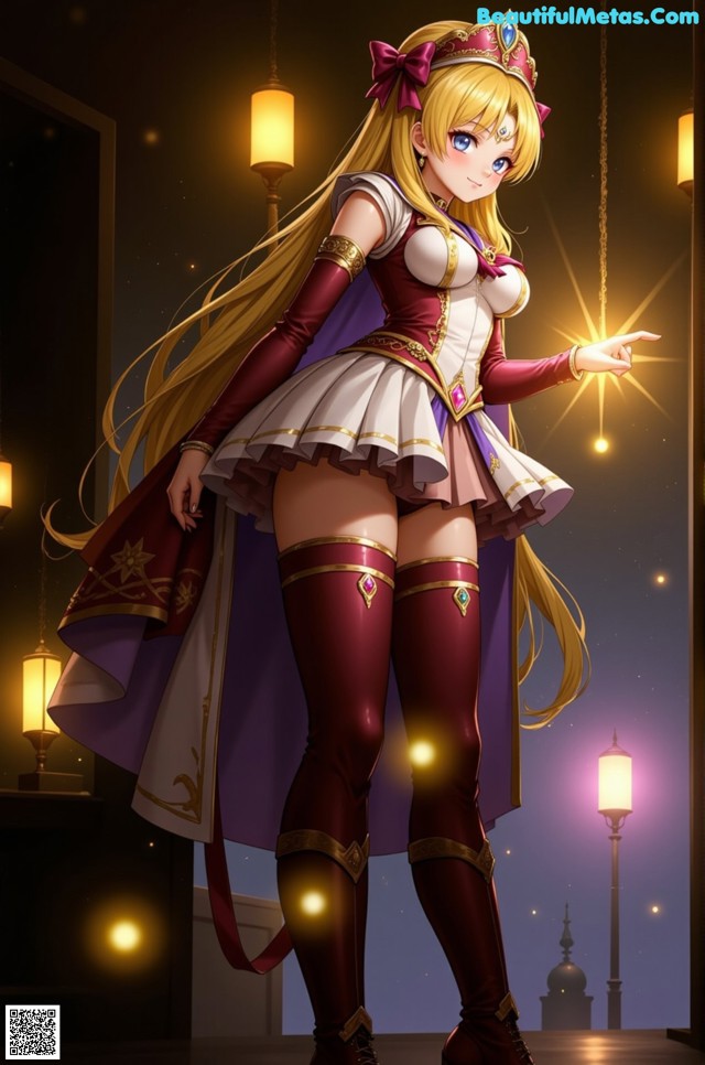 A woman in a dress and a crown pointing at something.